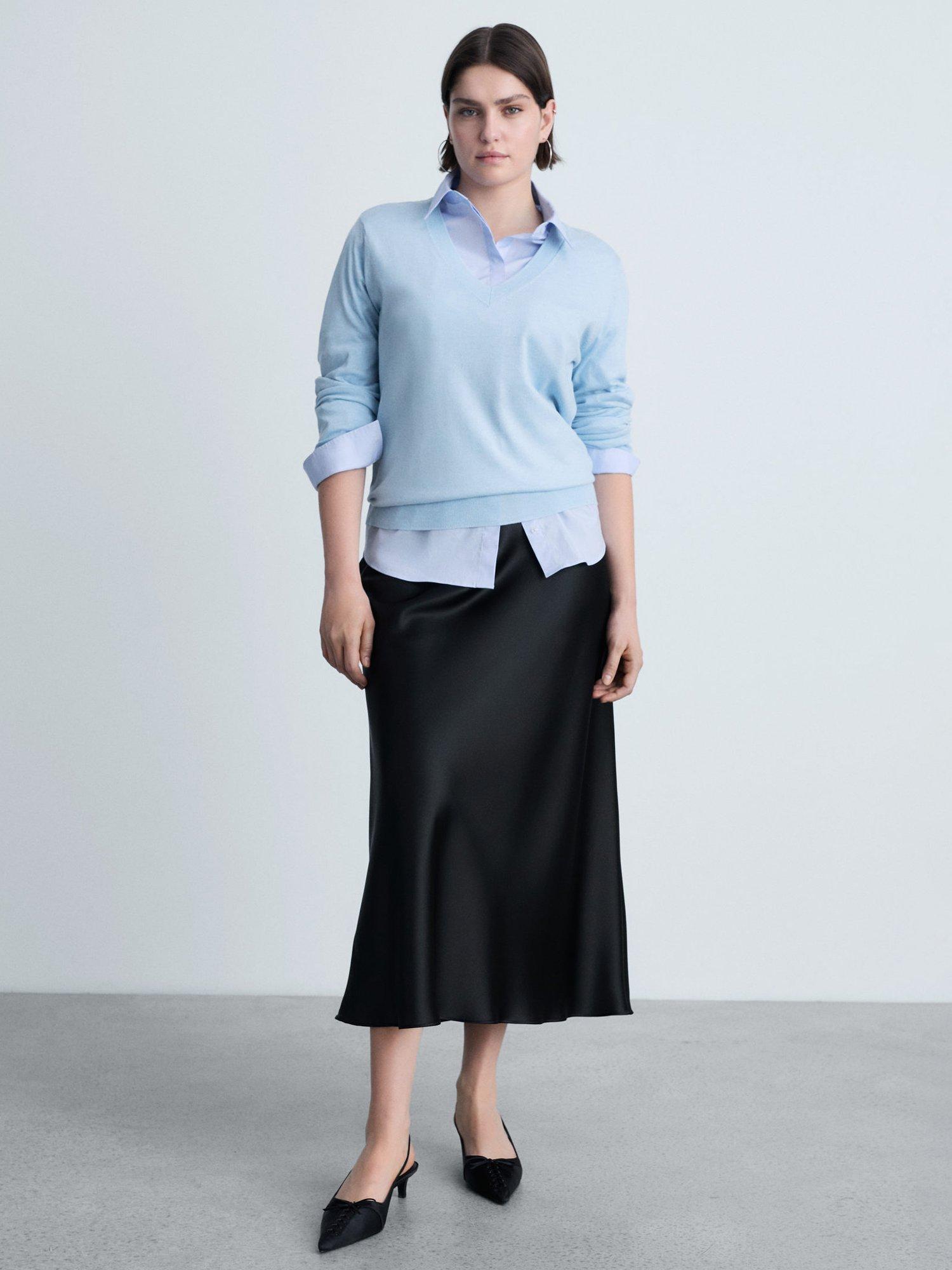 Product image 7 of 8, which shows Mango Lukav V-Neck Jumper, Light Pastel Blue, S