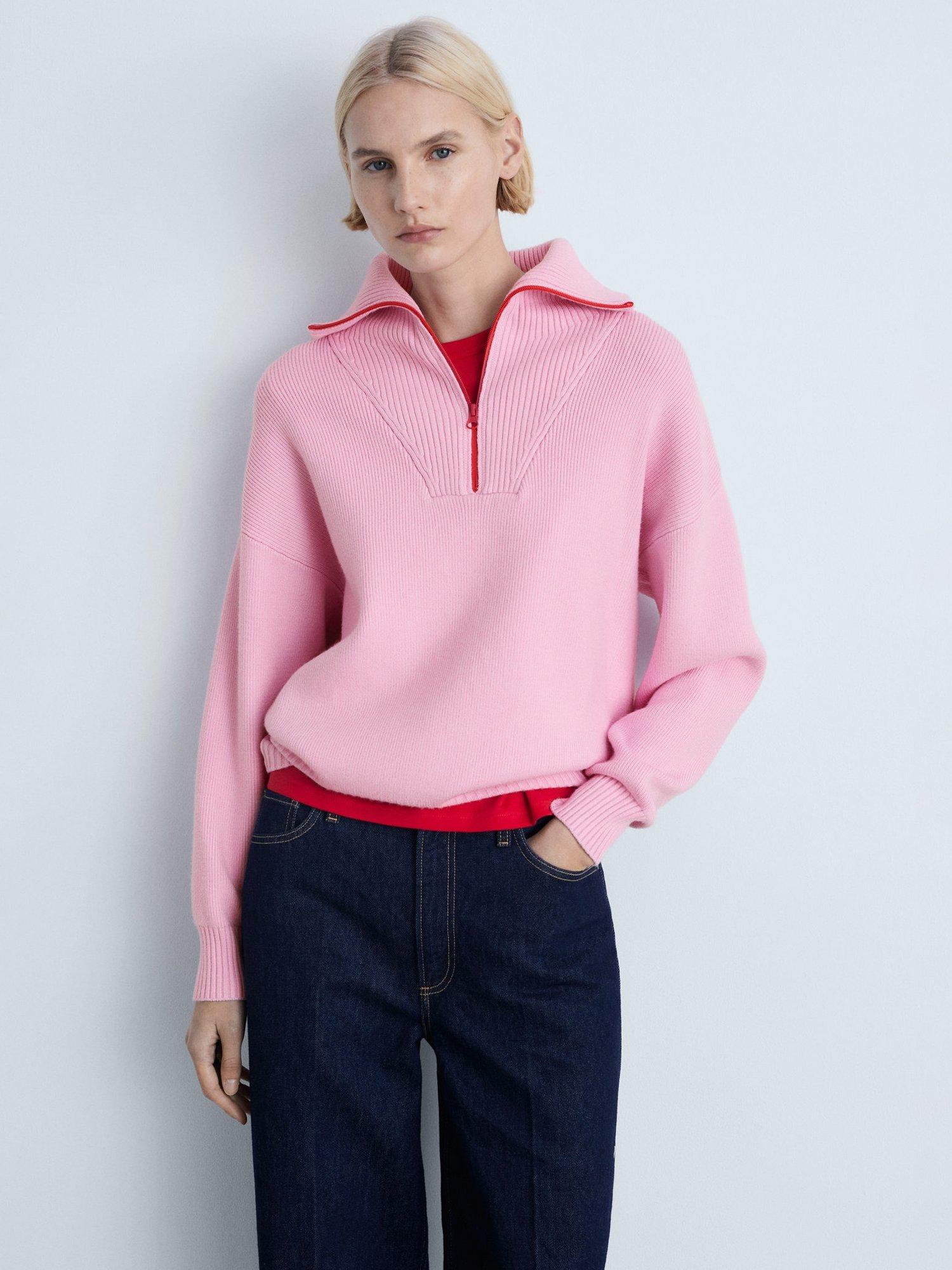 Product image 1 of 7, which shows Mango Tizon Contrast Zip Jumper, Pink, L