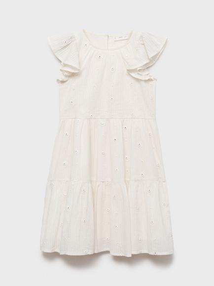 Mango Kids' Luna Cotton Embroidered Tiered Dress, Natural White, Natural White