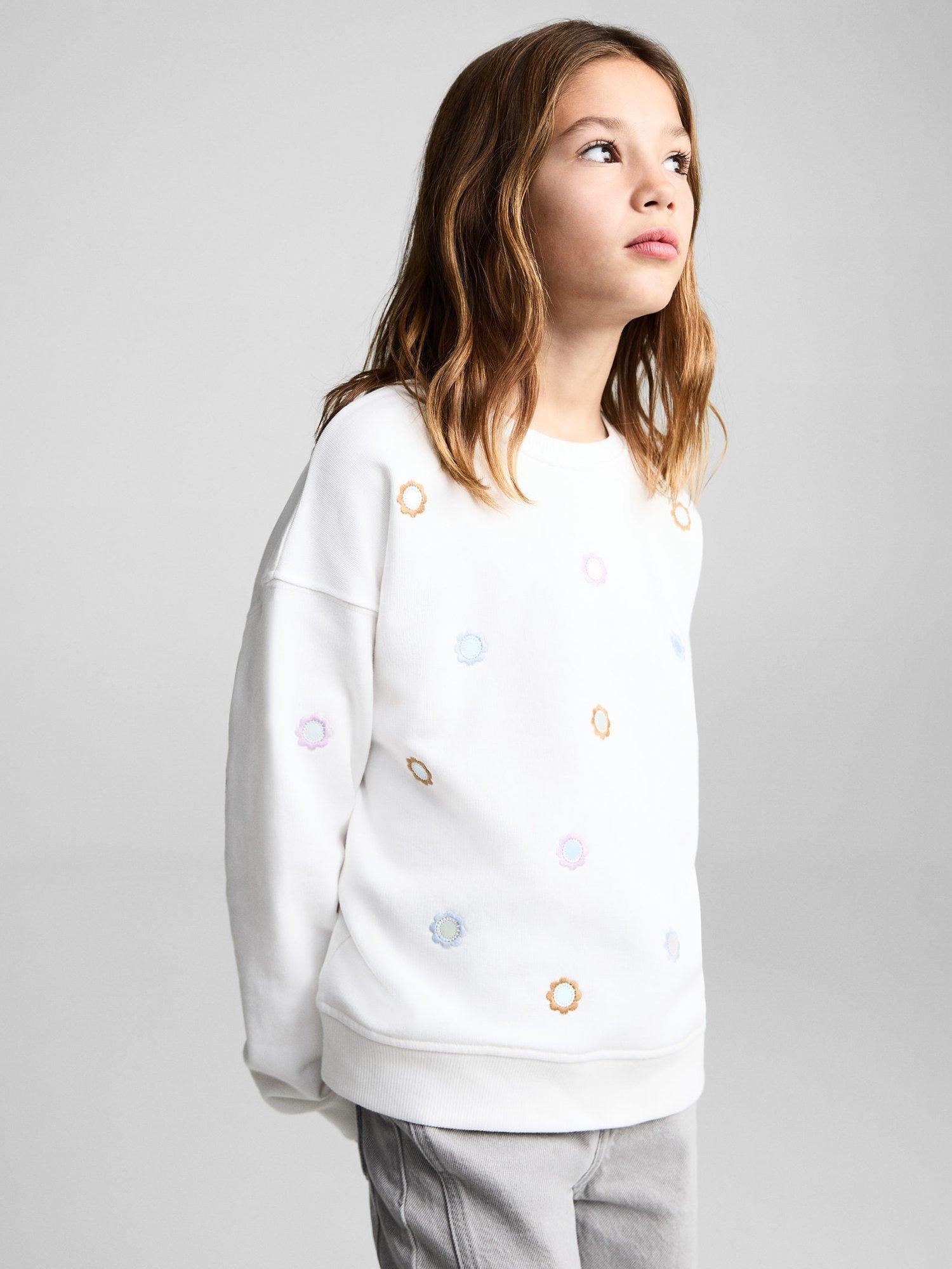 Product image 1 of 7, which shows Mango Kids' Mirrors Floral Embroidered Sweatshirt, Natural White, 11-12 years