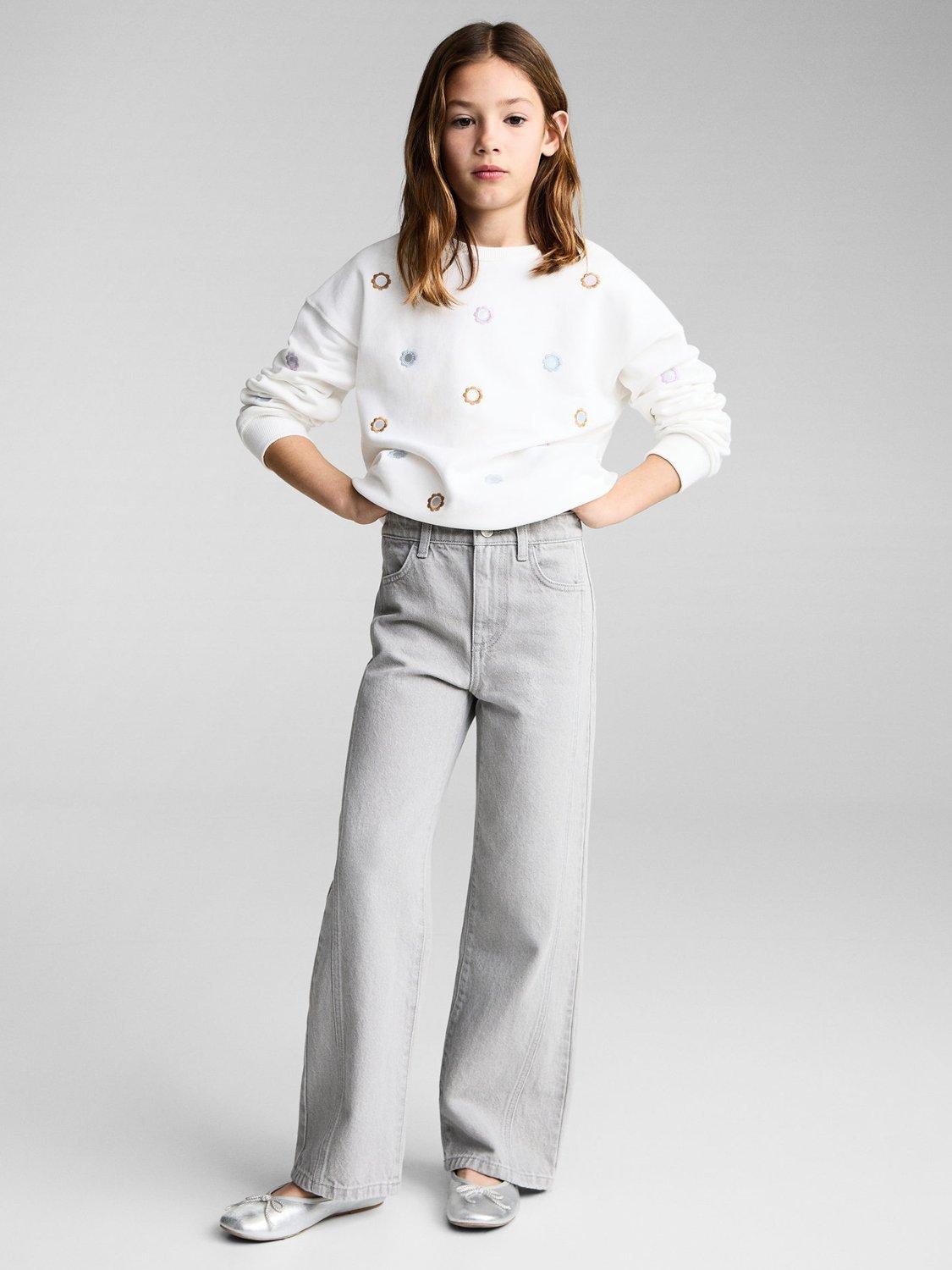 Product image 2 of 7, which shows Mango Kids' Mirrors Floral Embroidered Sweatshirt, Natural White, 11-12 years
