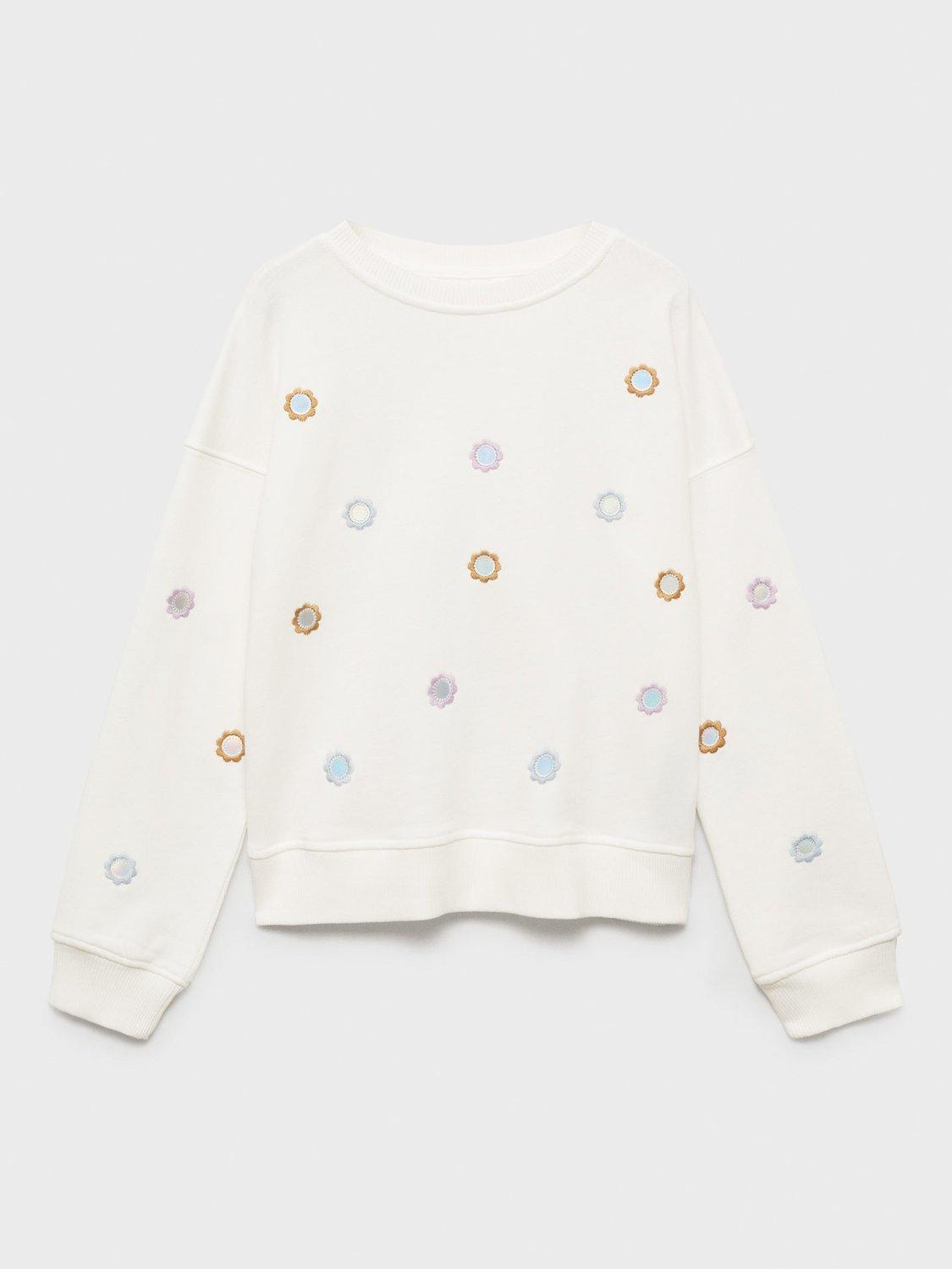 Product image 3 of 7, which shows Mango Kids' Mirrors Floral Embroidered Sweatshirt, Natural White, 11-12 years
