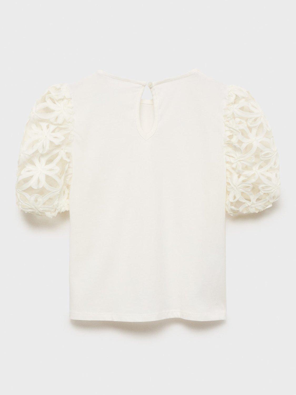 Product image 2 of 4, which shows Mango Kids' Globi Embroidered Puff Sleeve Tee, White, 9-10 years