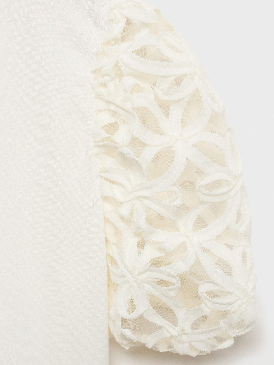 Product image 4 of 4, which shows Mango Kids' Globi Embroidered Puff Sleeve Tee, White, 9-10 years