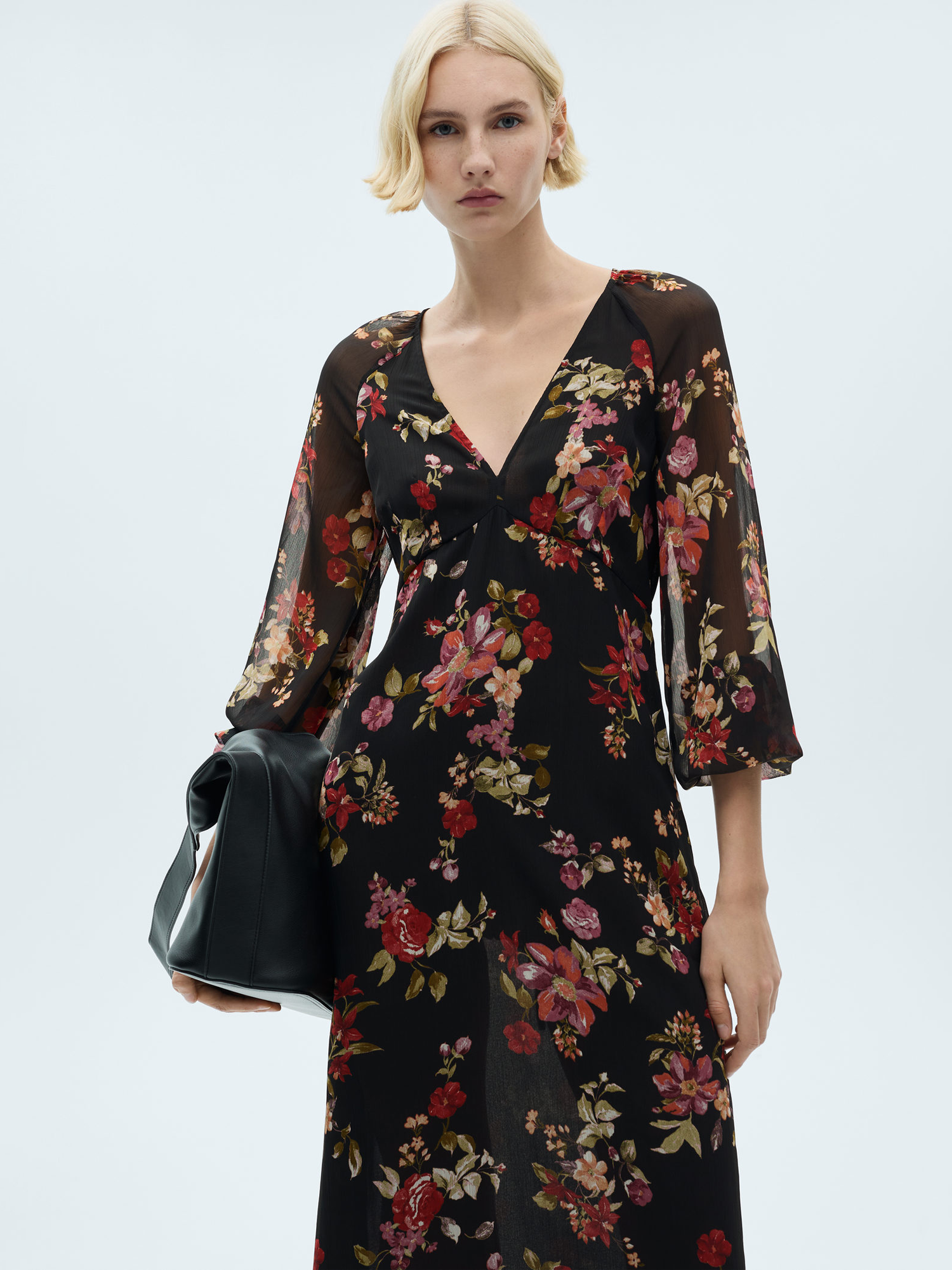 Product image 1 of 8, which shows Mango Savage Floral Long Puff Sleeve Midi Dress, Black/Multi, 10