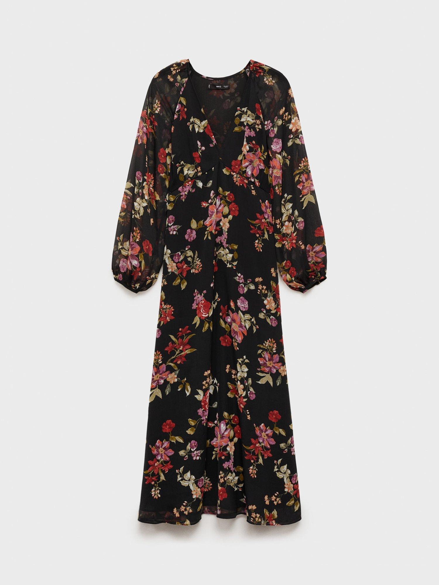 Product image 3 of 8, which shows Mango Savage Floral Long Puff Sleeve Midi Dress, Black/Multi, 10