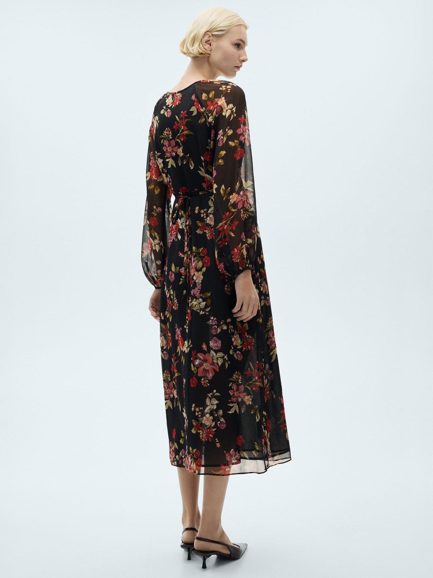 Product image 4 of 8, which shows Mango Savage Floral Long Puff Sleeve Midi Dress, Black/Multi, 10