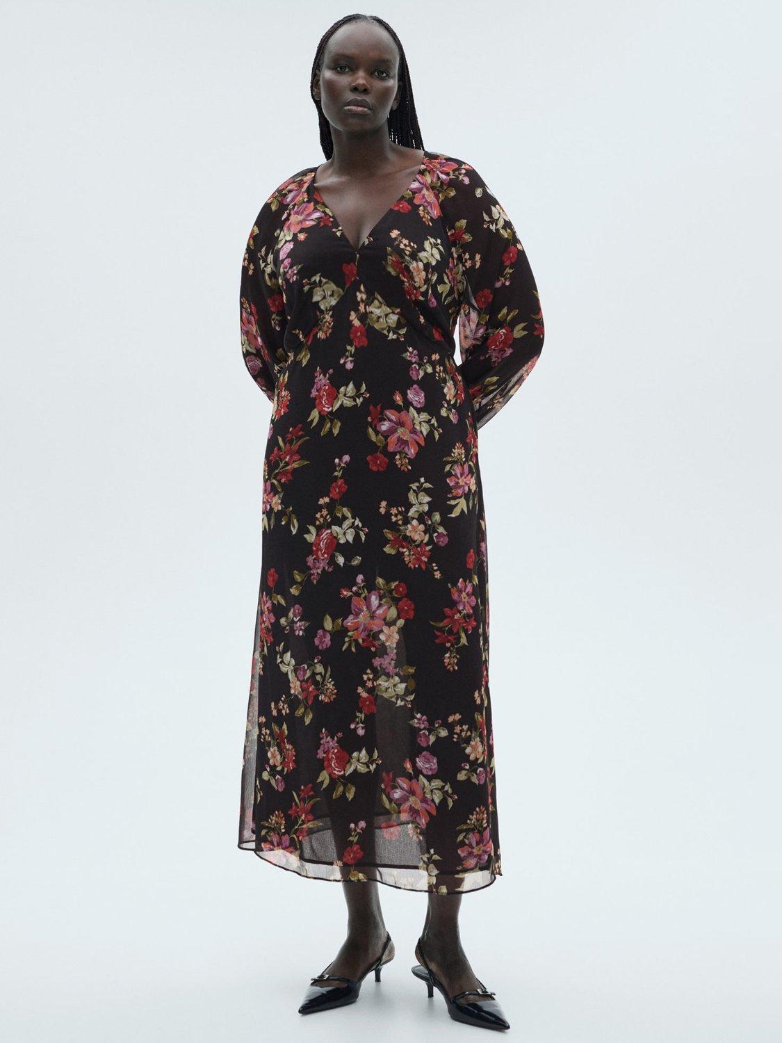 Product image 7 of 8, which shows Mango Savage Floral Long Puff Sleeve Midi Dress, Black/Multi, 10