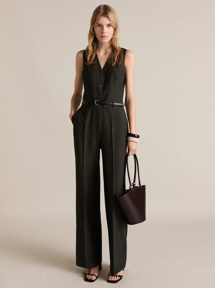 Mango Yolan Pinstripe Belted Jumpsuit, Green - view 2, Green