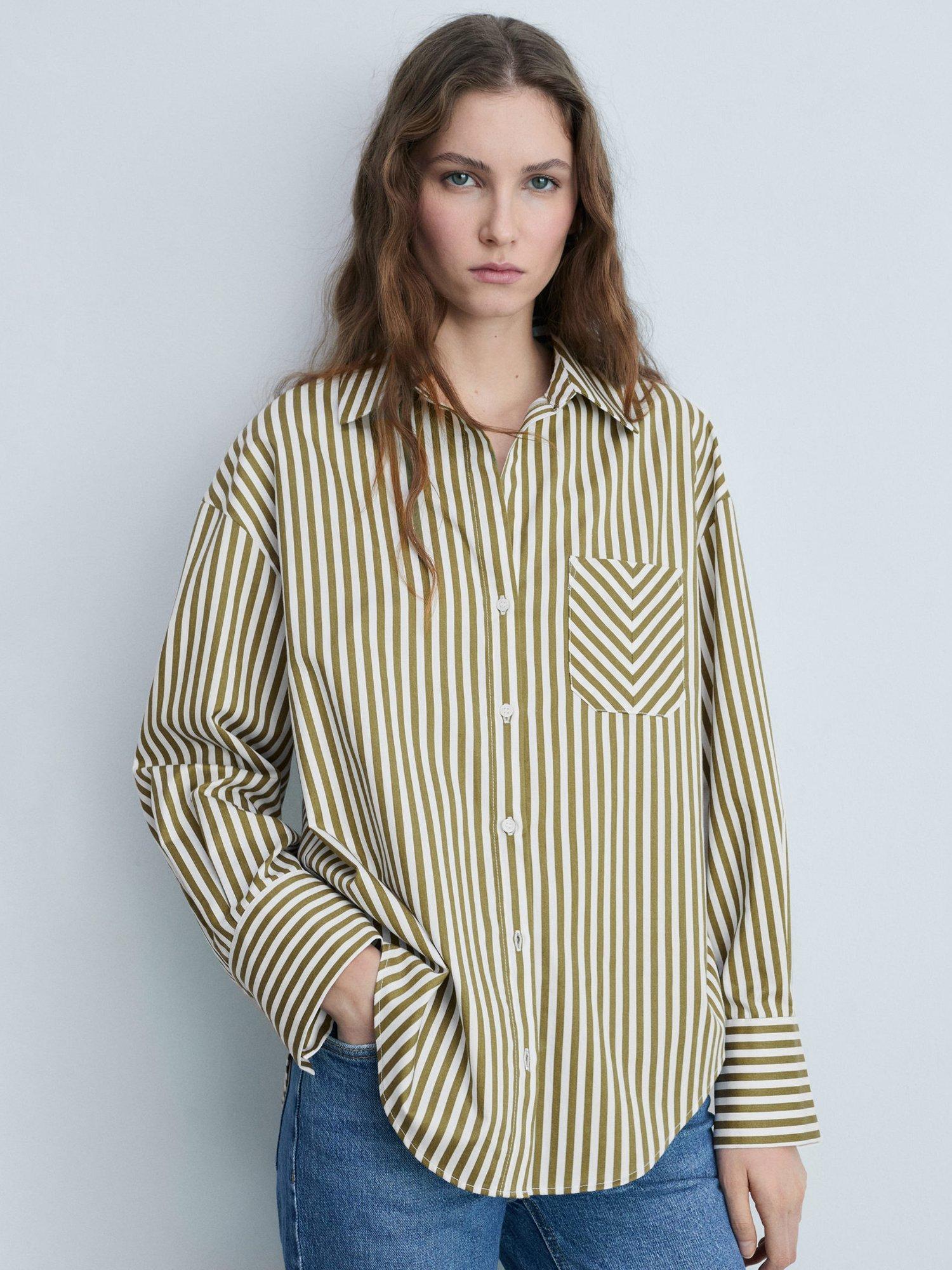 Product image 1 of 7, which shows Mango Fontana Striped Contrast Pocket Cotton Blend Shirt, Olive/White, 10
