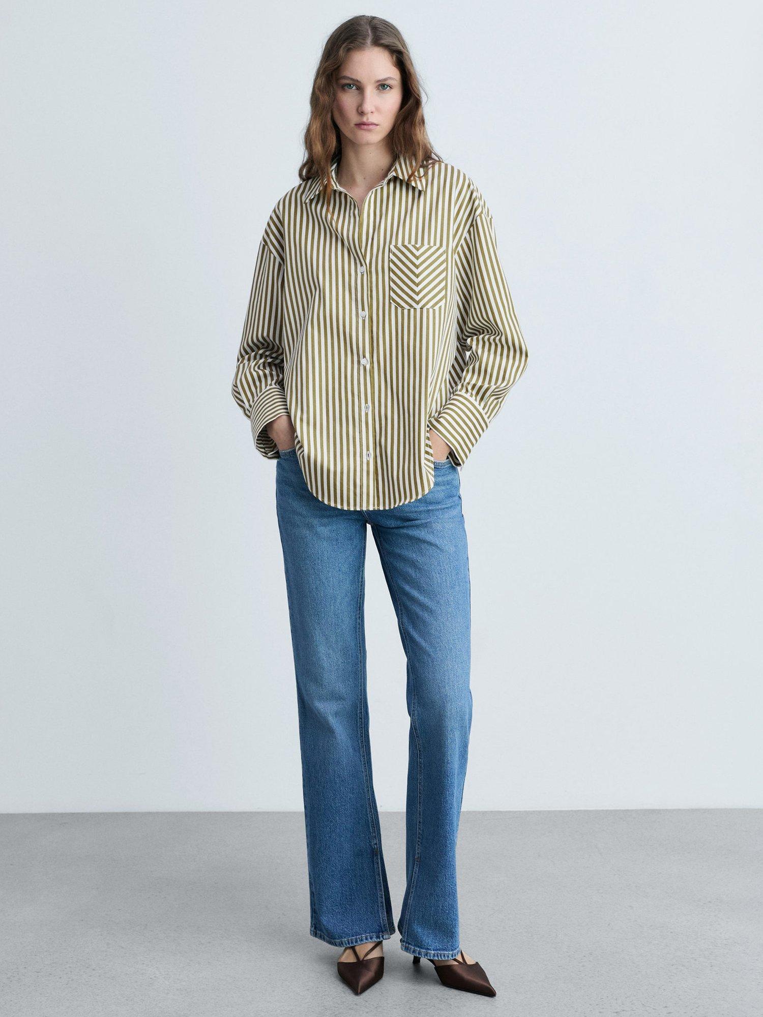 Product image 2 of 7, which shows Mango Fontana Striped Contrast Pocket Cotton Blend Shirt, Olive/White, 10