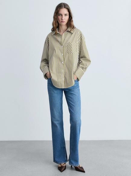 Mango Fontana Striped Contrast Pocket Cotton Blend Shirt - view 2, Olive/White