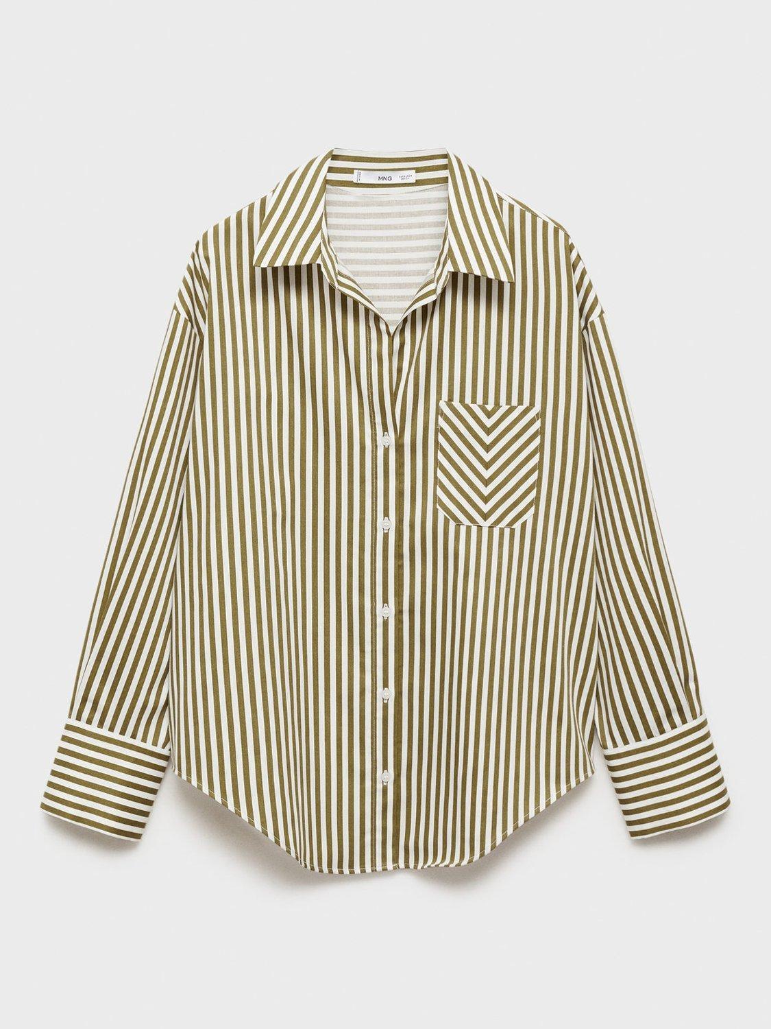 Product image 3 of 7, which shows Mango Fontana Striped Contrast Pocket Cotton Blend Shirt, Olive/White, 10