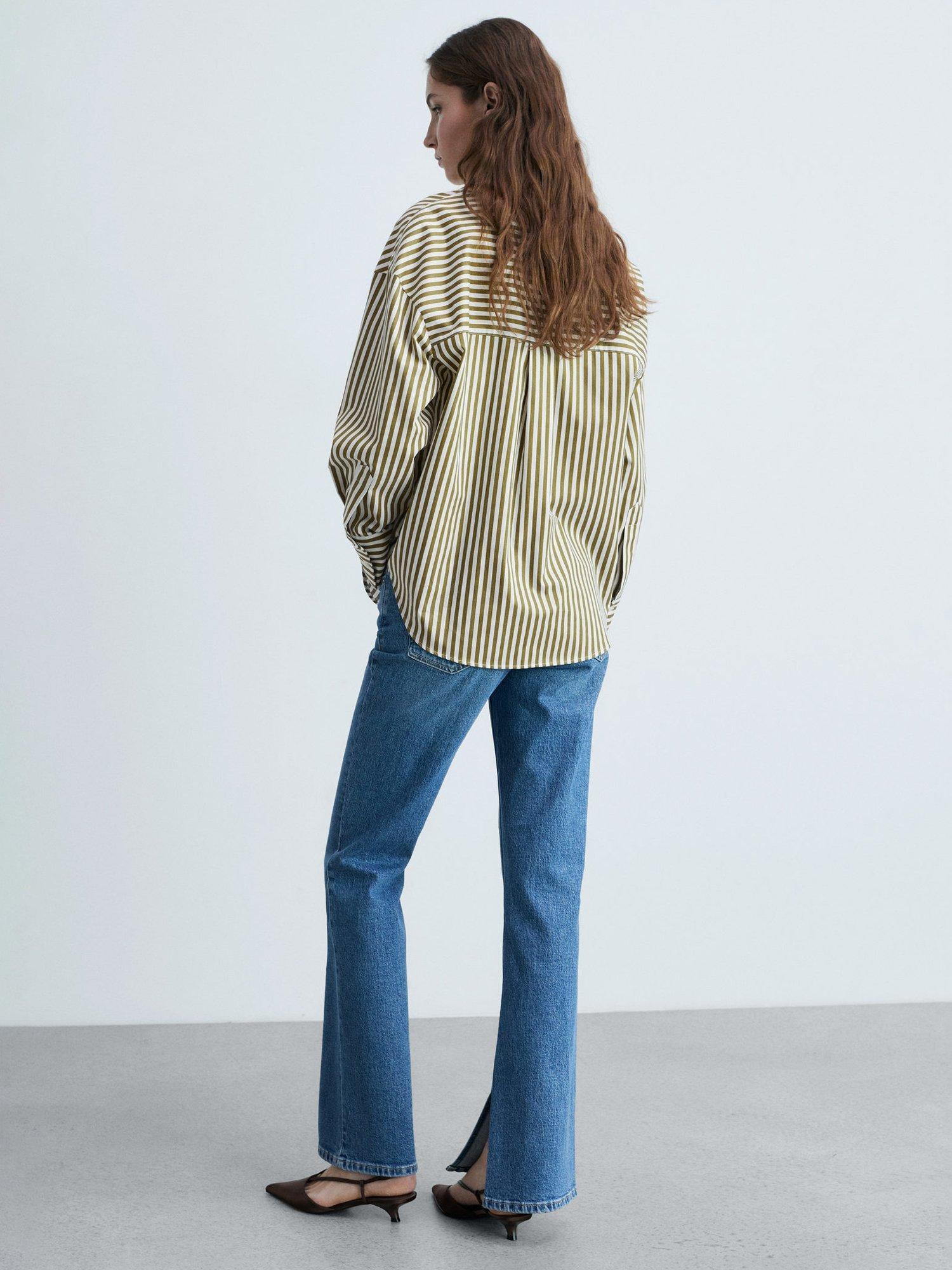 Product image 4 of 7, which shows Mango Fontana Striped Contrast Pocket Cotton Blend Shirt, Olive/White, 10