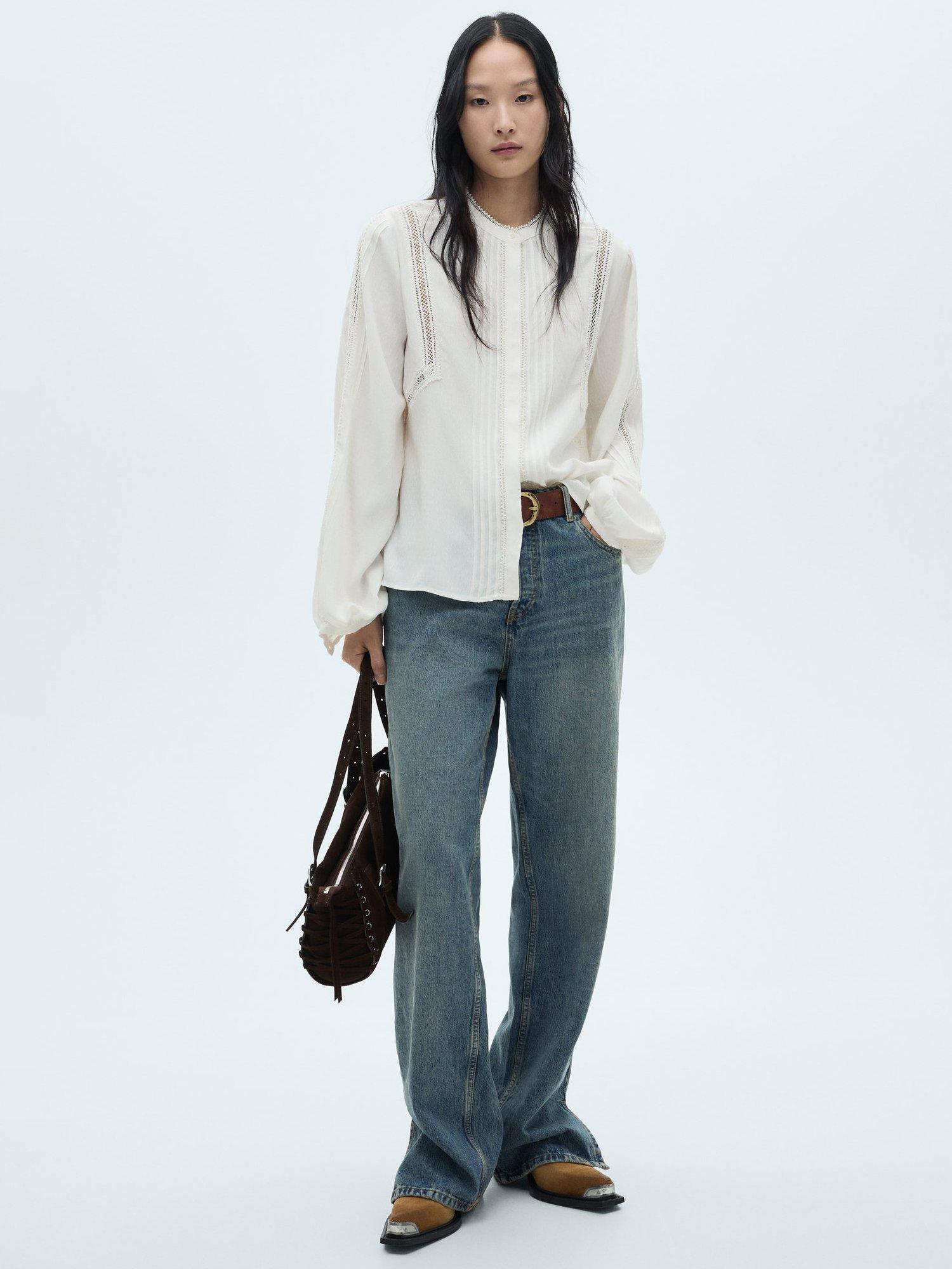 Product image 1 of 7, which shows Mango Jackie Mao Neckline Puffed Sleeve Blouse, Natural White, 10