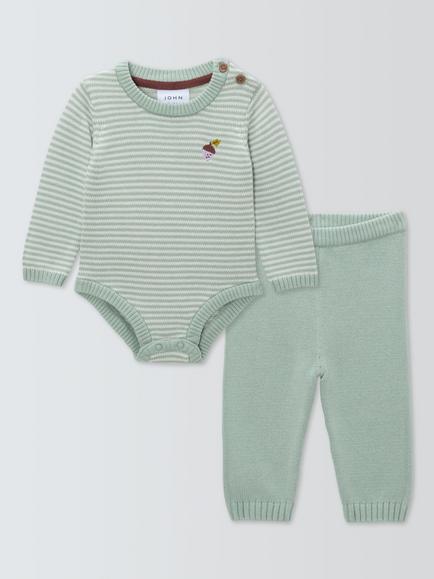 John Lewis Baby Knitted Stripe Long Sleeve Bodysuit and Trousers Set, Green Multi, Green Multi