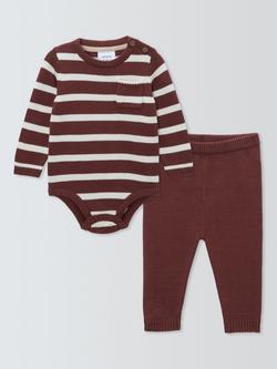 John Lewis Baby Knit Stripe Long Sleeve Bodysuit & Trouser Set, Burgundy, Burgundy