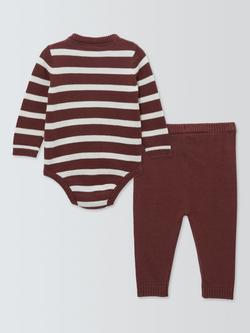 John Lewis Baby Knit Stripe Long Sleeve Bodysuit & Trouser Set, Burgundy - view 2, Burgundy