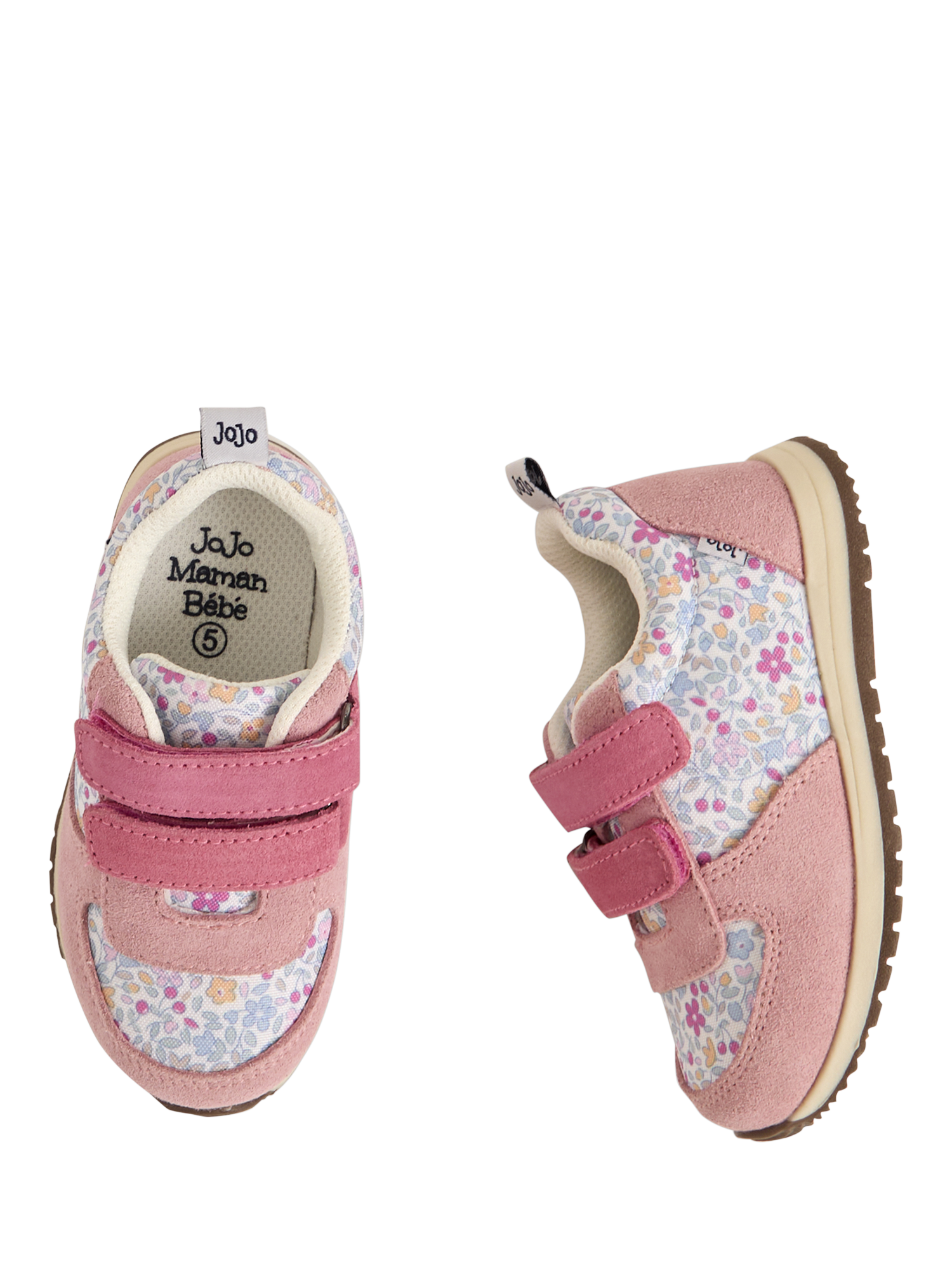 Product image 3 of 4, which shows JoJo Maman Bébé Kids' Ditsy Colourblock Riptape Trainers, Pink/Multi, EU22