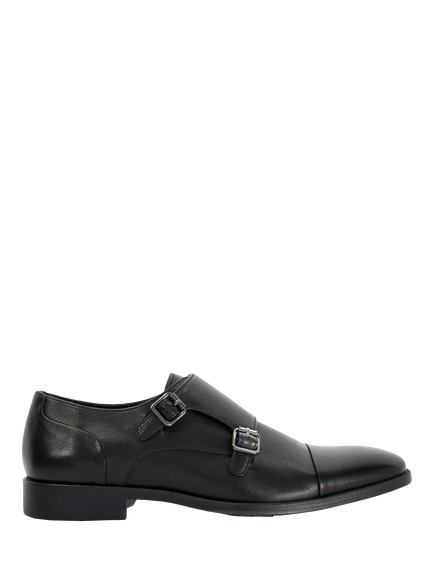 Dune London Satchin Wide Fit Leather Flexi Sole Toe Cap Monk Shoes, Black, Black