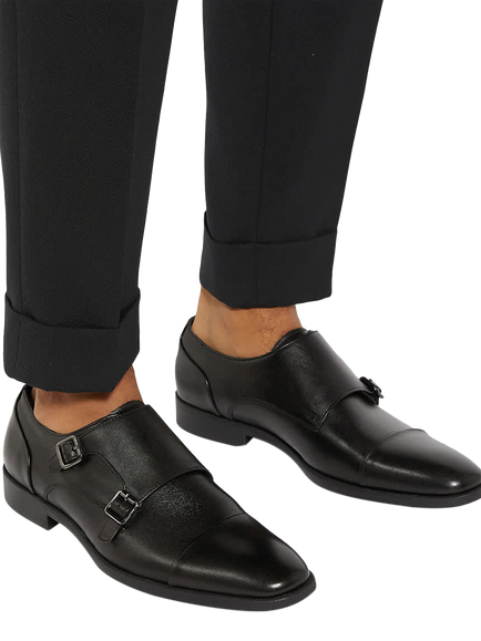 Dune London Satchin Wide Fit Leather Flexi Sole Toe Cap Monk Shoes, Black - view 2, Black