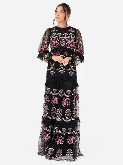 Maya Deluxe Embroidered Floral Ruffle Maxi Dress, Black, Black