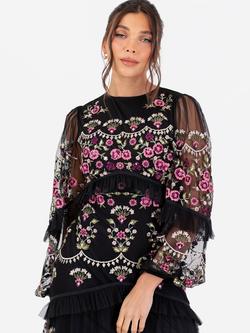 Maya Deluxe Embroidered Floral Ruffle Maxi Dress, Black - view 2, Black