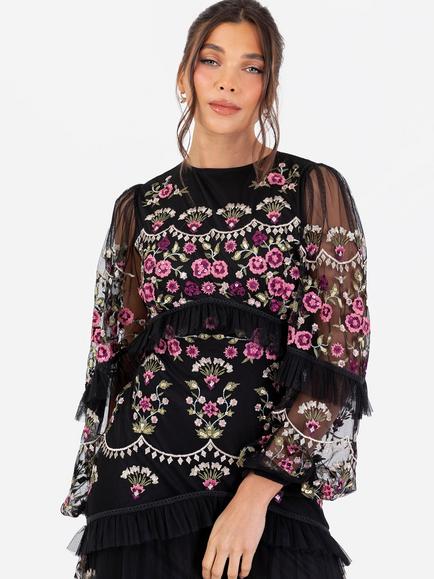 Maya Deluxe Embroidered Floral Ruffle Maxi Dress, Black - view 2, Black