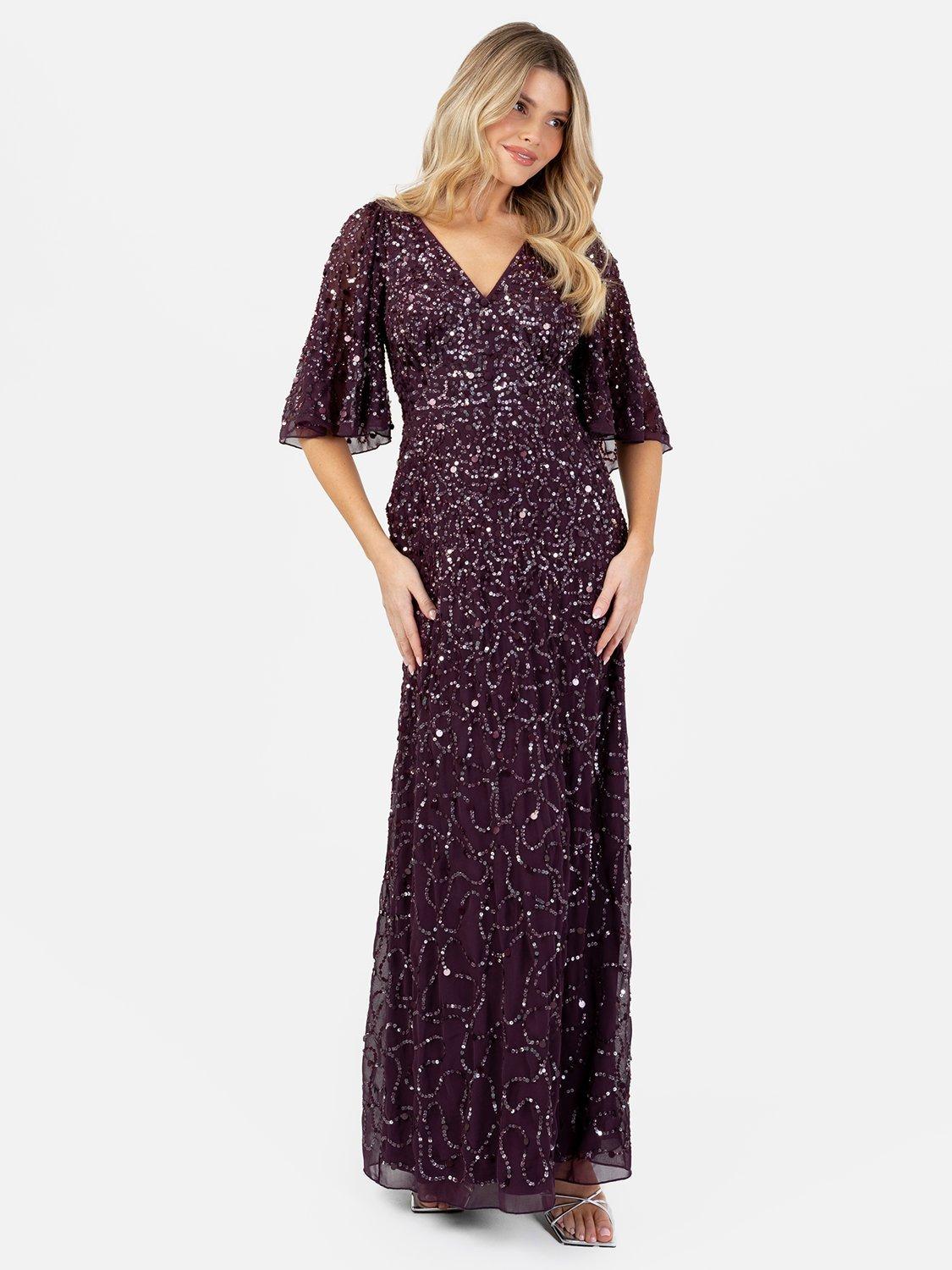 Product image 1 of 5, which shows Maya Deluxe Sequin Angel Sleeve Maxi Dress, Berry/Silver, 6