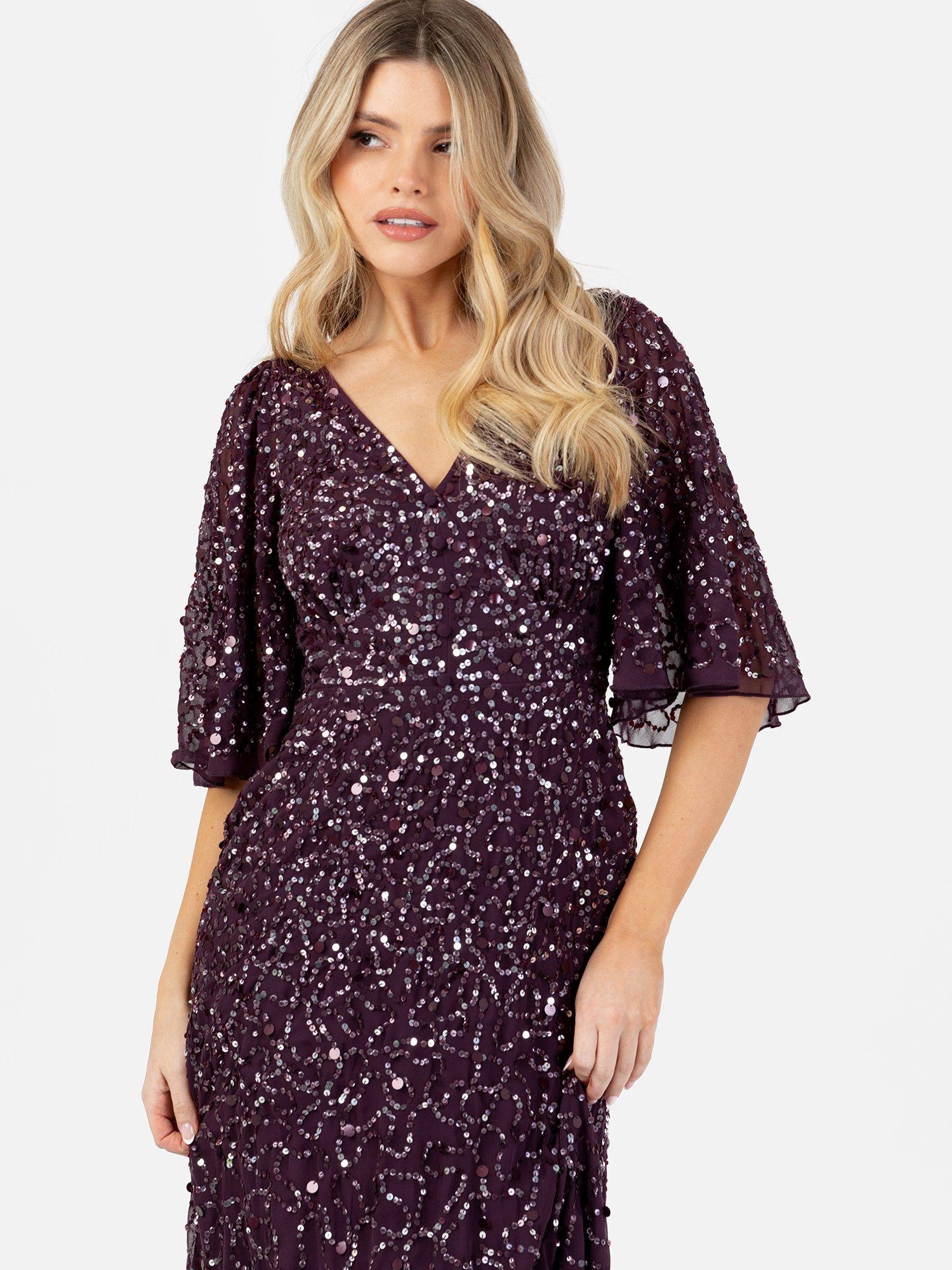 Product image 2 of 5, which shows Maya Deluxe Sequin Angel Sleeve Maxi Dress, Berry/Silver, 6