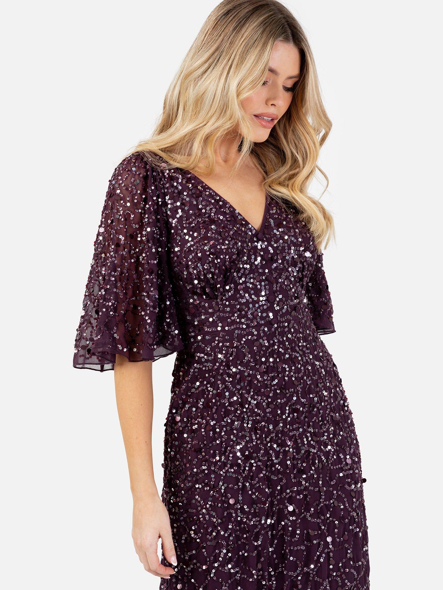 Product image 3 of 5, which shows Maya Deluxe Sequin Angel Sleeve Maxi Dress, Berry/Silver, 6