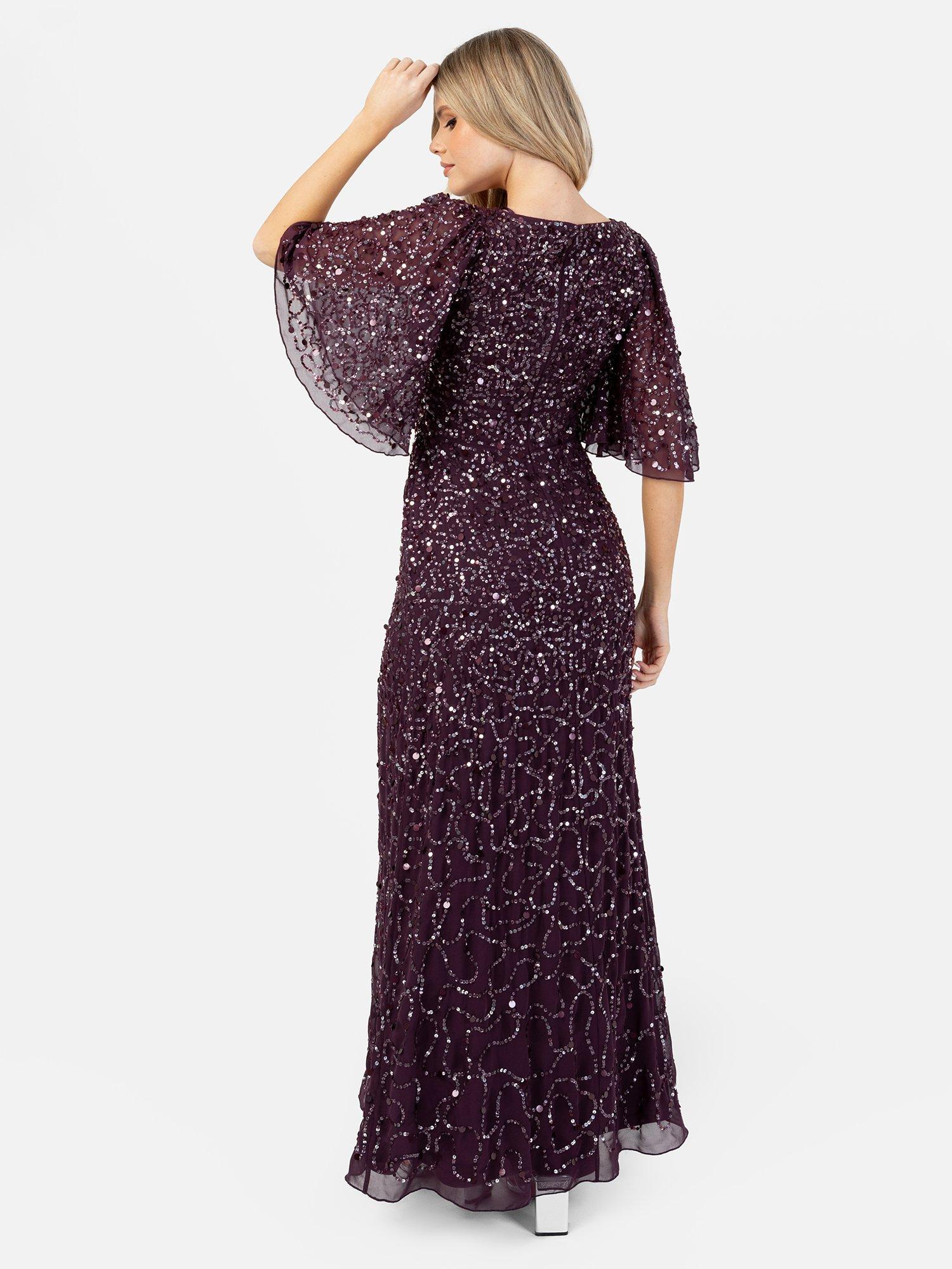 Product image 4 of 5, which shows Maya Deluxe Sequin Angel Sleeve Maxi Dress, Berry/Silver, 6