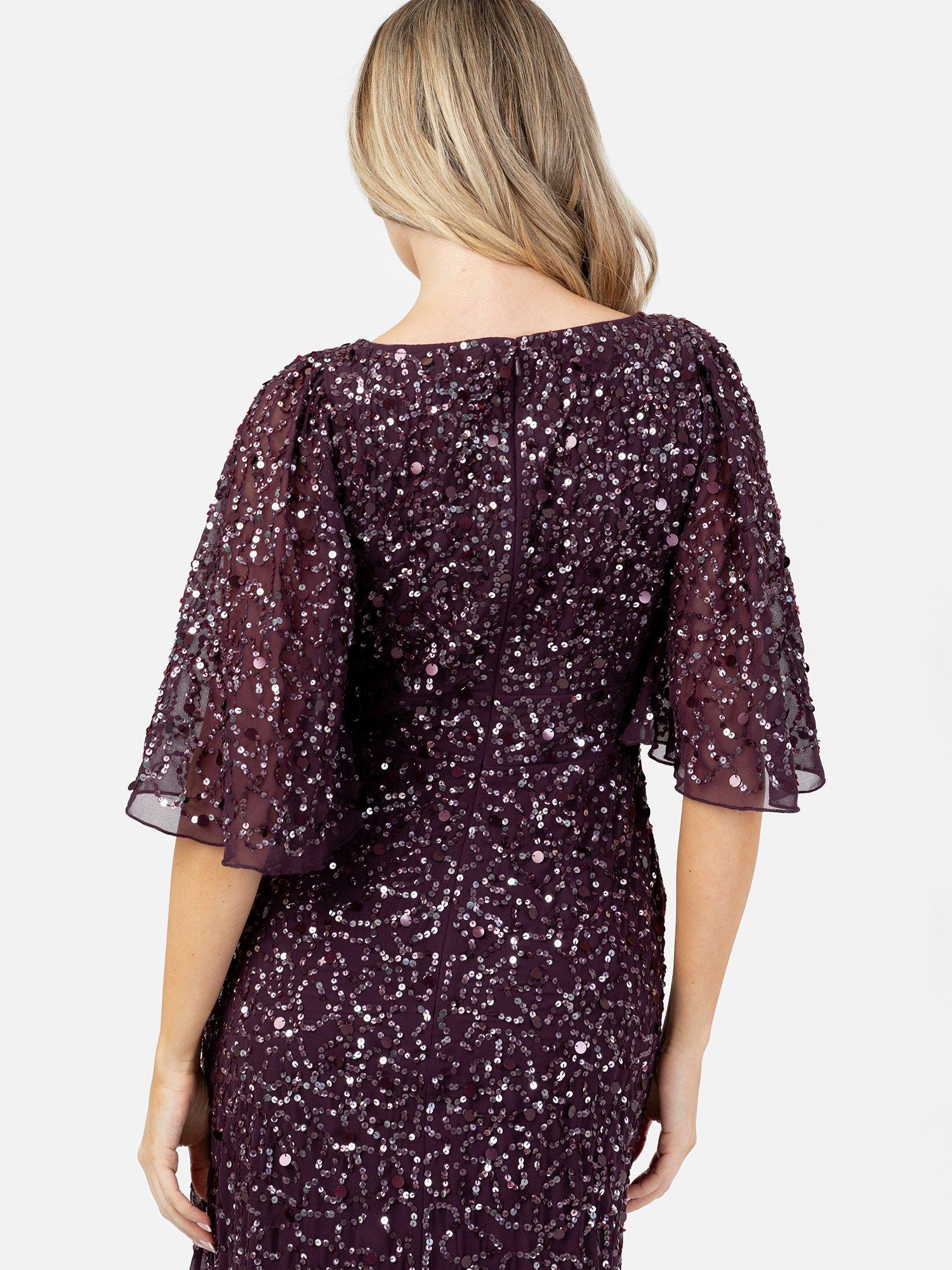 Product image 5 of 5, which shows Maya Deluxe Sequin Angel Sleeve Maxi Dress, Berry/Silver, 6