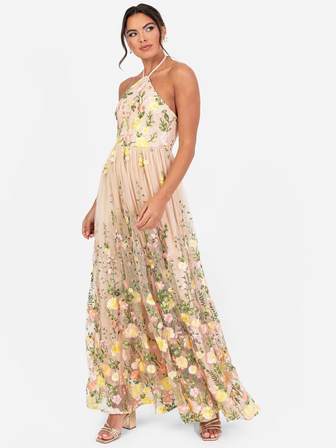 Product image 1 of 5, which shows Maya Deluxe Embroidered Floral Halterneck Maxi Dress, Lemon/Pink, 6