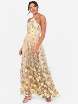 Maya Deluxe Embroidered Floral Halterneck Maxi Dress, Lemon/Pink, Lemon/Pink
