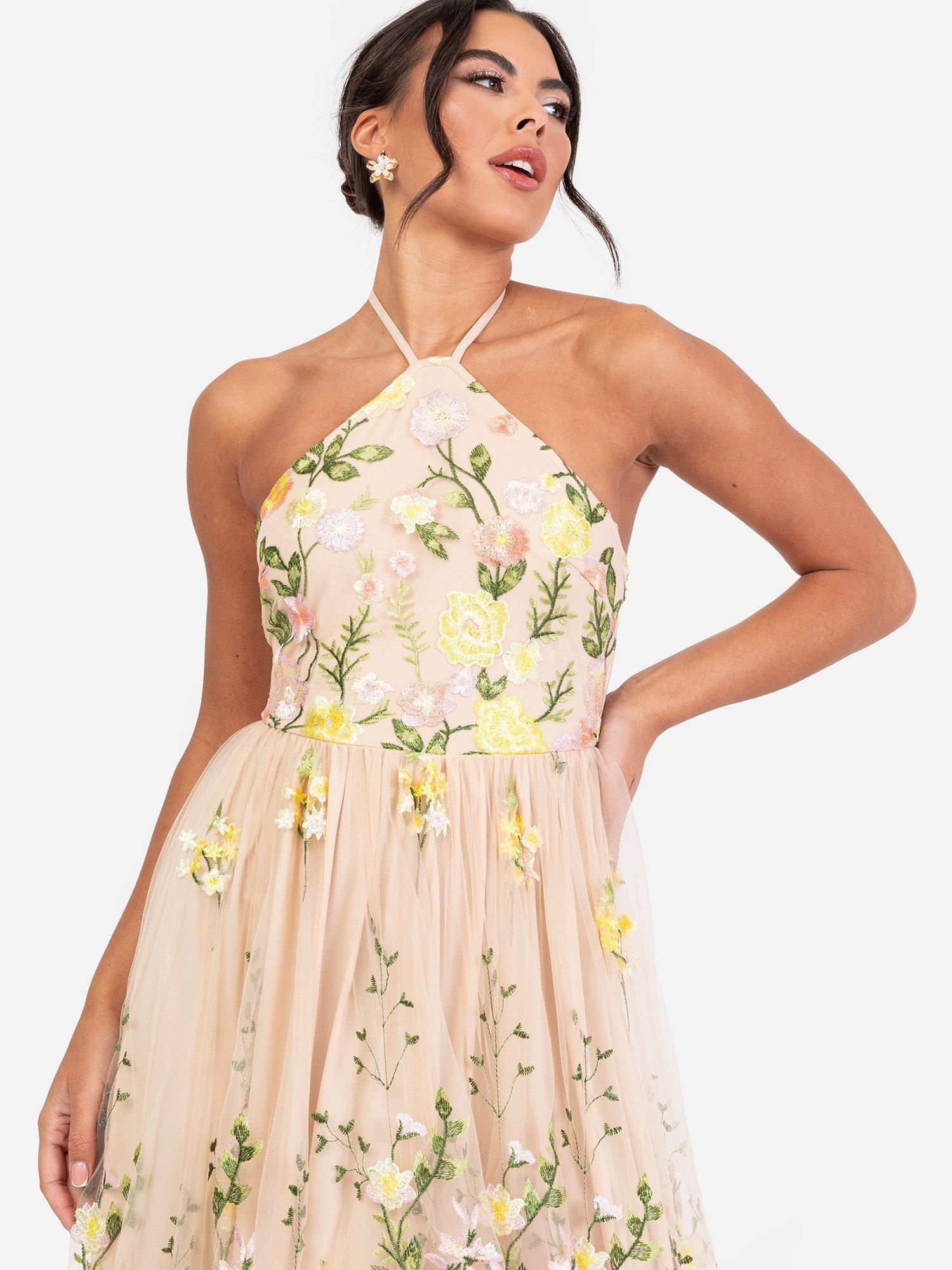 Product image 2 of 5, which shows Maya Deluxe Embroidered Floral Halterneck Maxi Dress, Lemon/Pink, 6