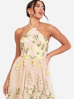 Maya Deluxe Embroidered Floral Halterneck Maxi Dress, Lemon/Pink - view 2, Lemon/Pink