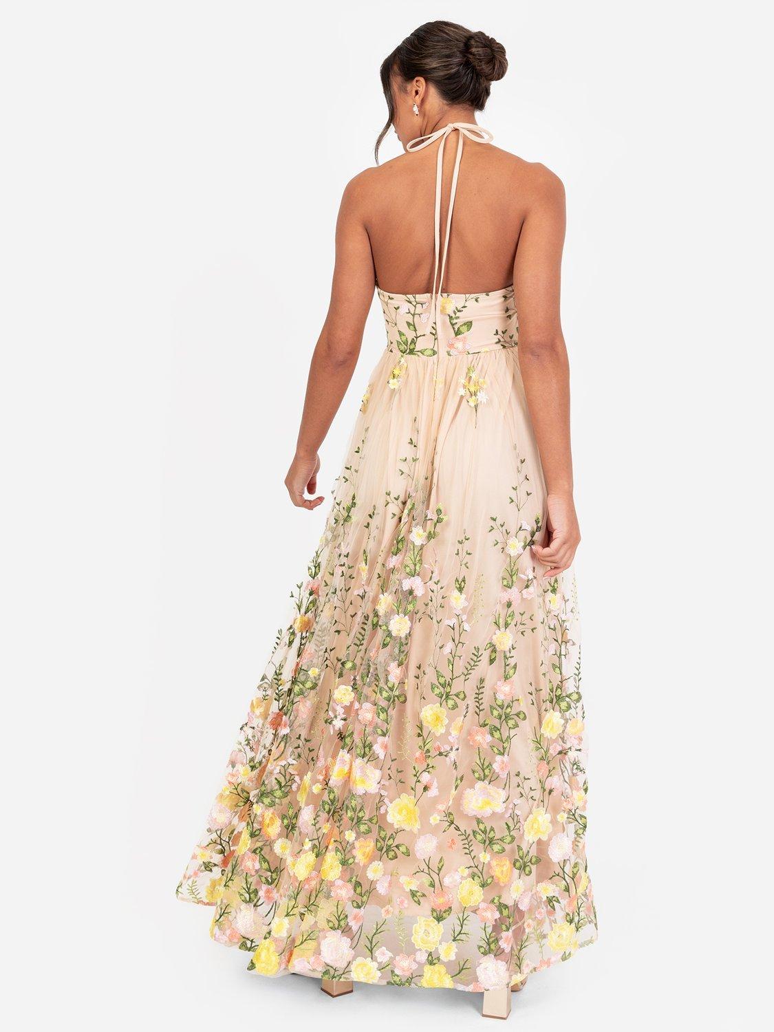 Product image 3 of 5, which shows Maya Deluxe Embroidered Floral Halterneck Maxi Dress, Lemon/Pink, 6