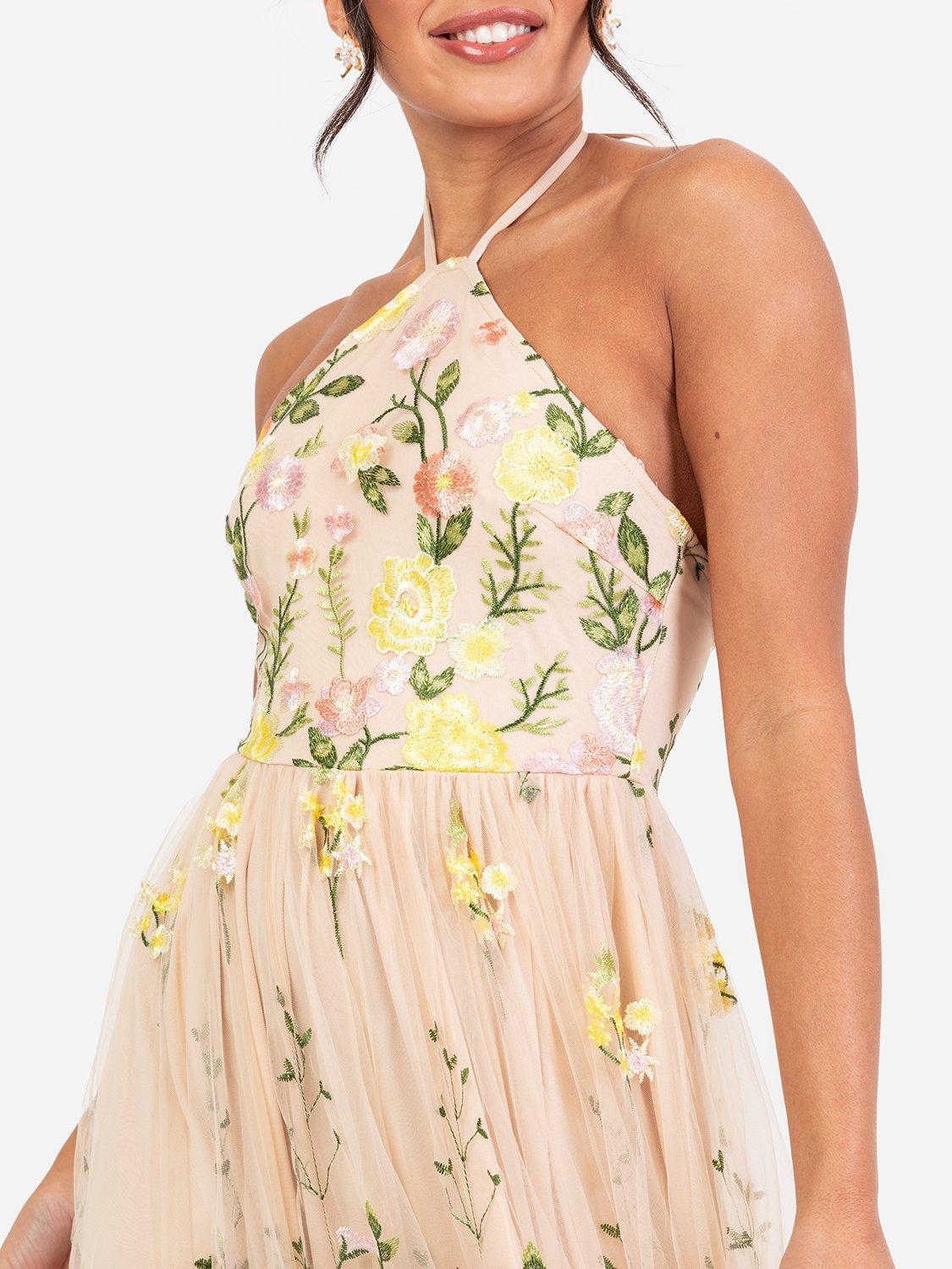 Product image 4 of 5, which shows Maya Deluxe Embroidered Floral Halterneck Maxi Dress, Lemon/Pink, 6