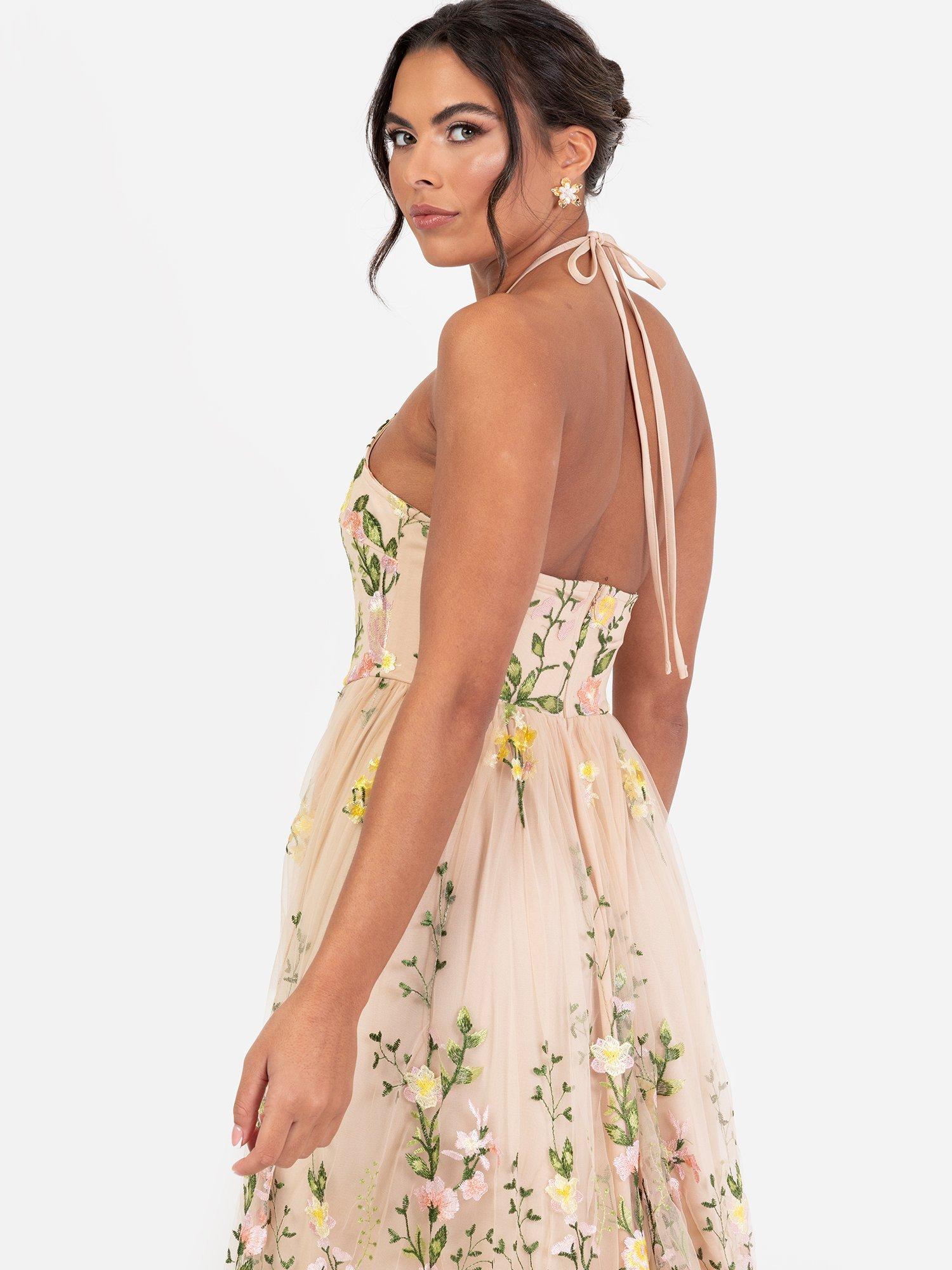 Product image 5 of 5, which shows Maya Deluxe Embroidered Floral Halterneck Maxi Dress, Lemon/Pink, 6