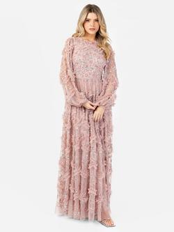 Maya Deluxe Blouson Sleeve Embellished Maxi Dress, Frosted Pink/Silver