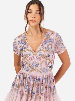 Maya Deluxe Embellished V-Neck Tiered Maxi Dress, Blush Pink - view 2, Blush Pink