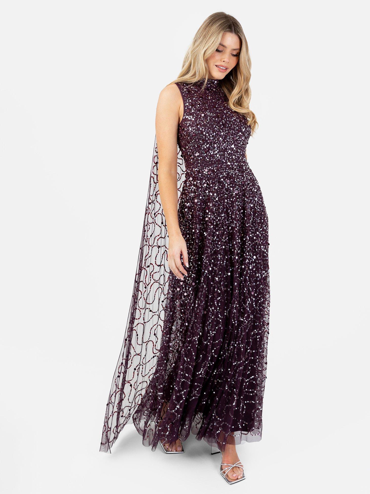 Product image 1 of 5, which shows Maya Deluxe Sequin High Neck Cape Maxi Dress, Berry/Silver, 6