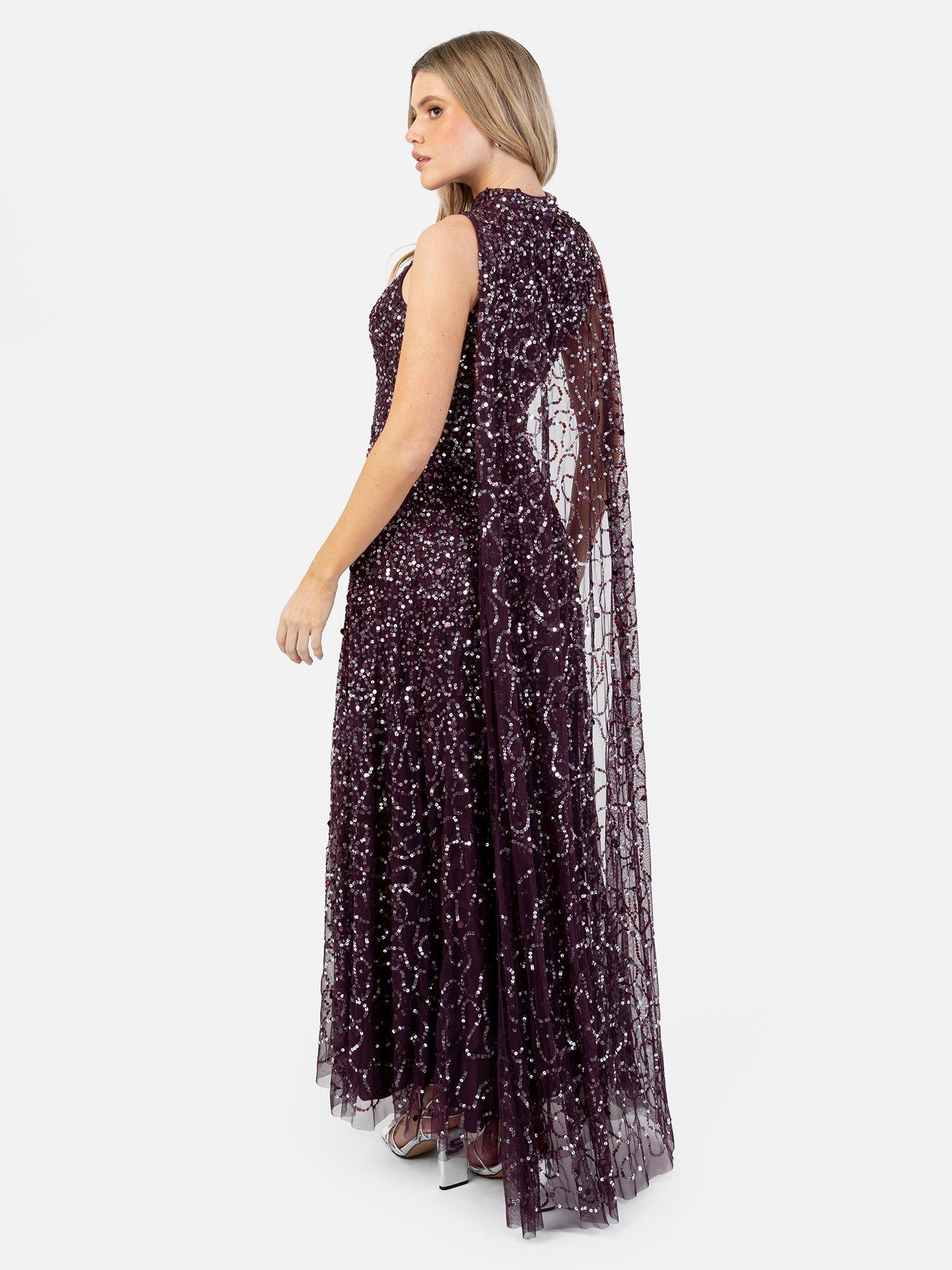 Product image 3 of 5, which shows Maya Deluxe Sequin High Neck Cape Maxi Dress, Berry/Silver, 6