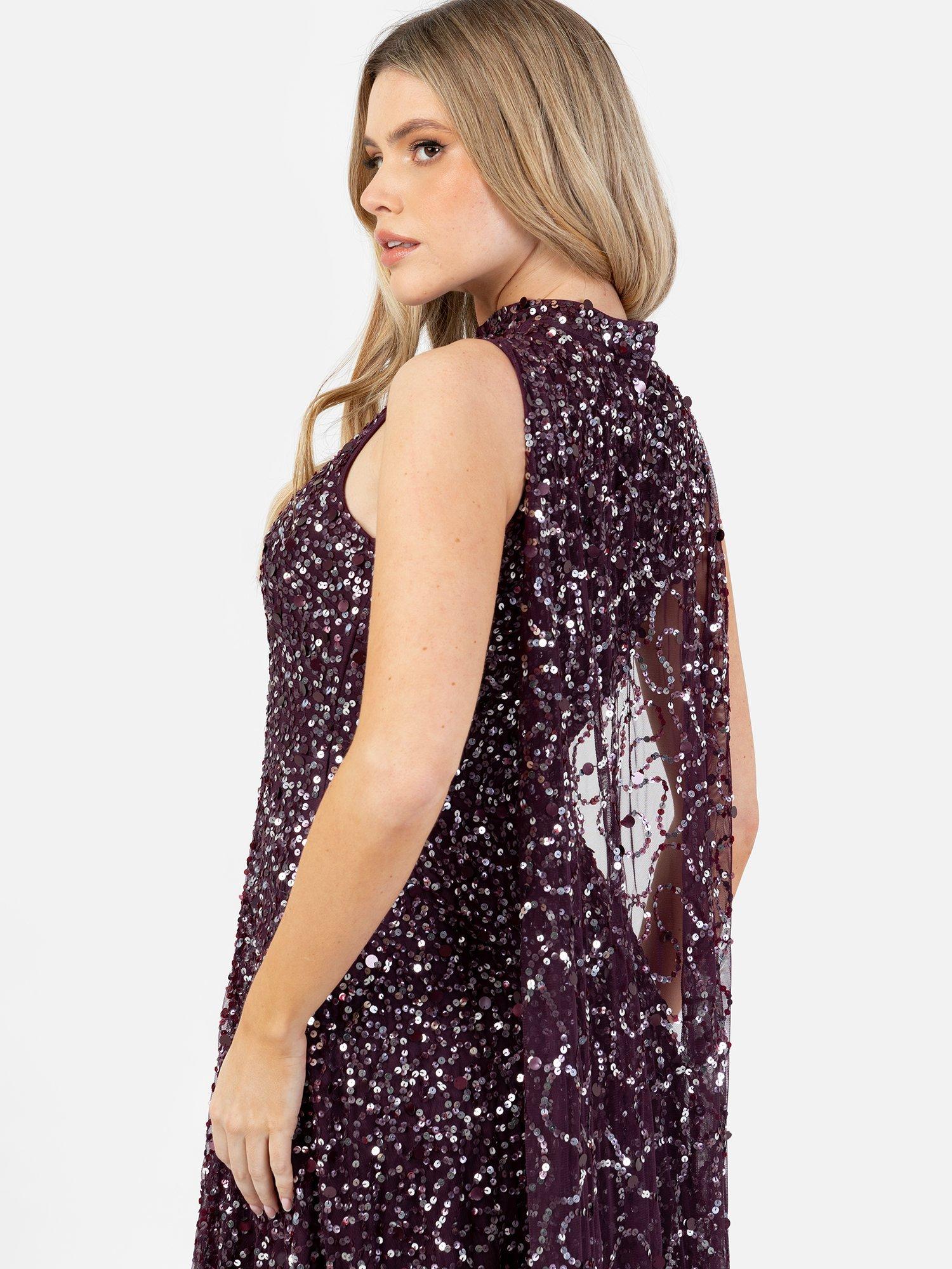 Product image 4 of 5, which shows Maya Deluxe Sequin High Neck Cape Maxi Dress, Berry/Silver, 6
