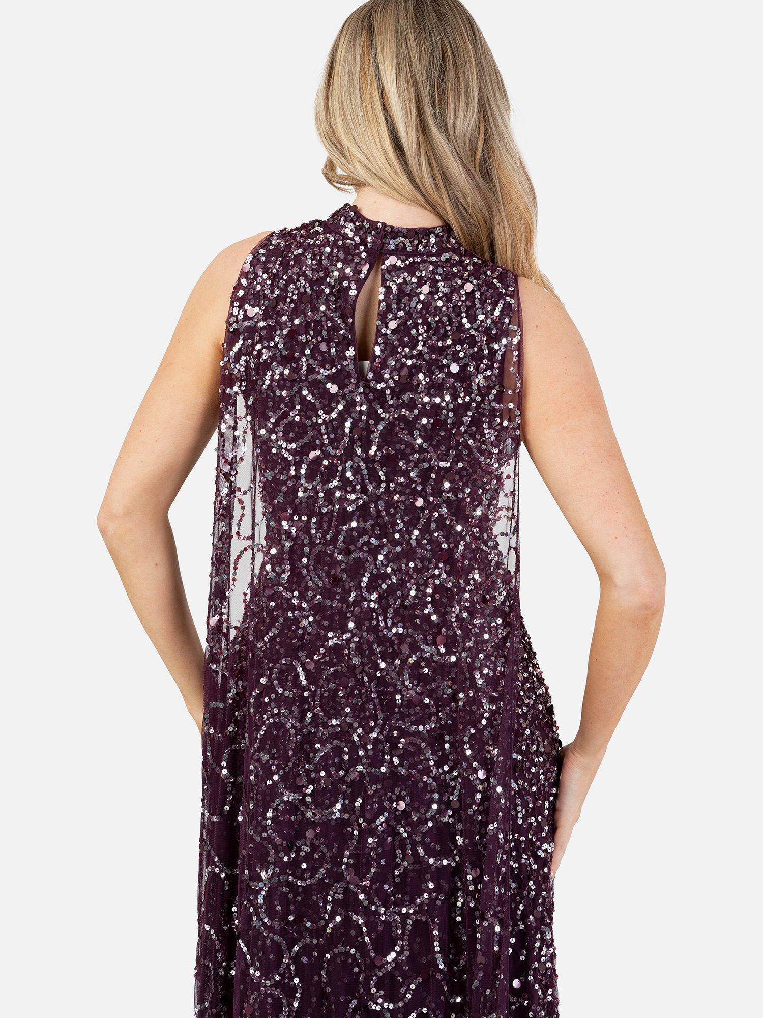 Product image 5 of 5, which shows Maya Deluxe Sequin High Neck Cape Maxi Dress, Berry/Silver, 6