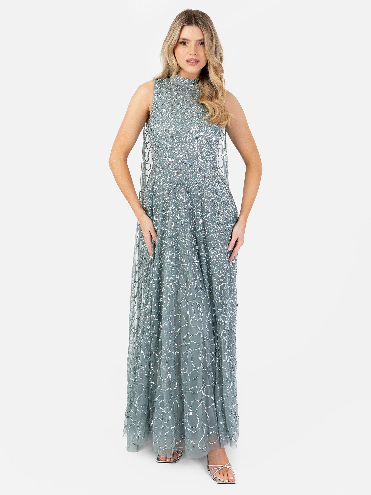 Product image 1 of 5, which shows Maya Deluxe Sequin High Neck Cape Maxi Dress, Misty Green/Silver, 6