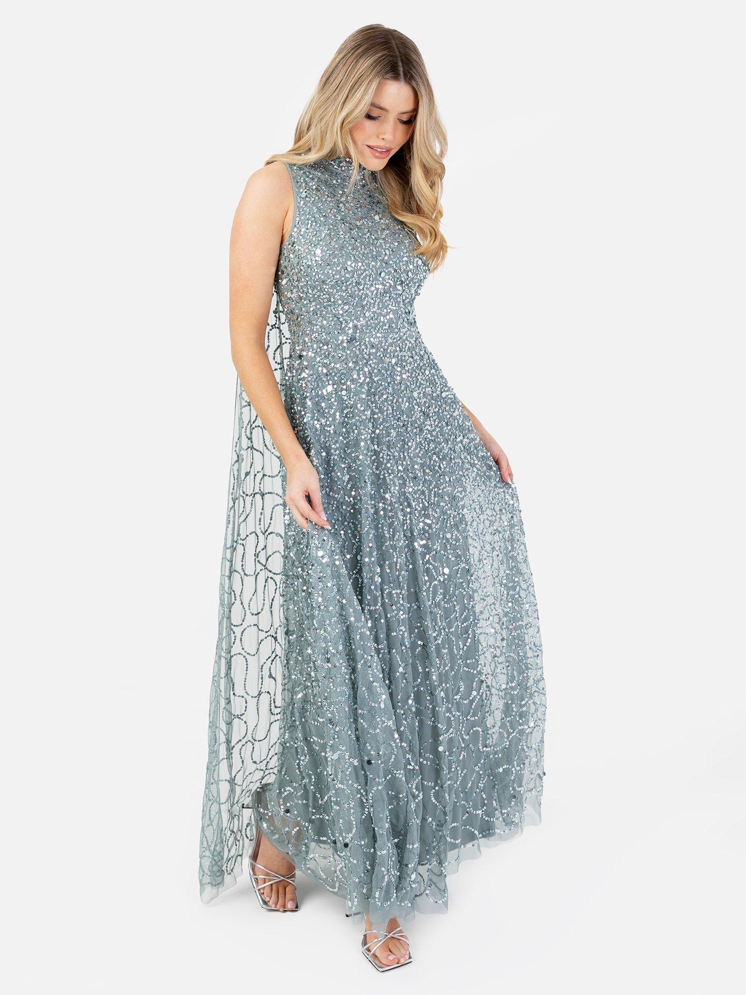 Product image 2 of 5, which shows Maya Deluxe Sequin High Neck Cape Maxi Dress, Misty Green/Silver, 6