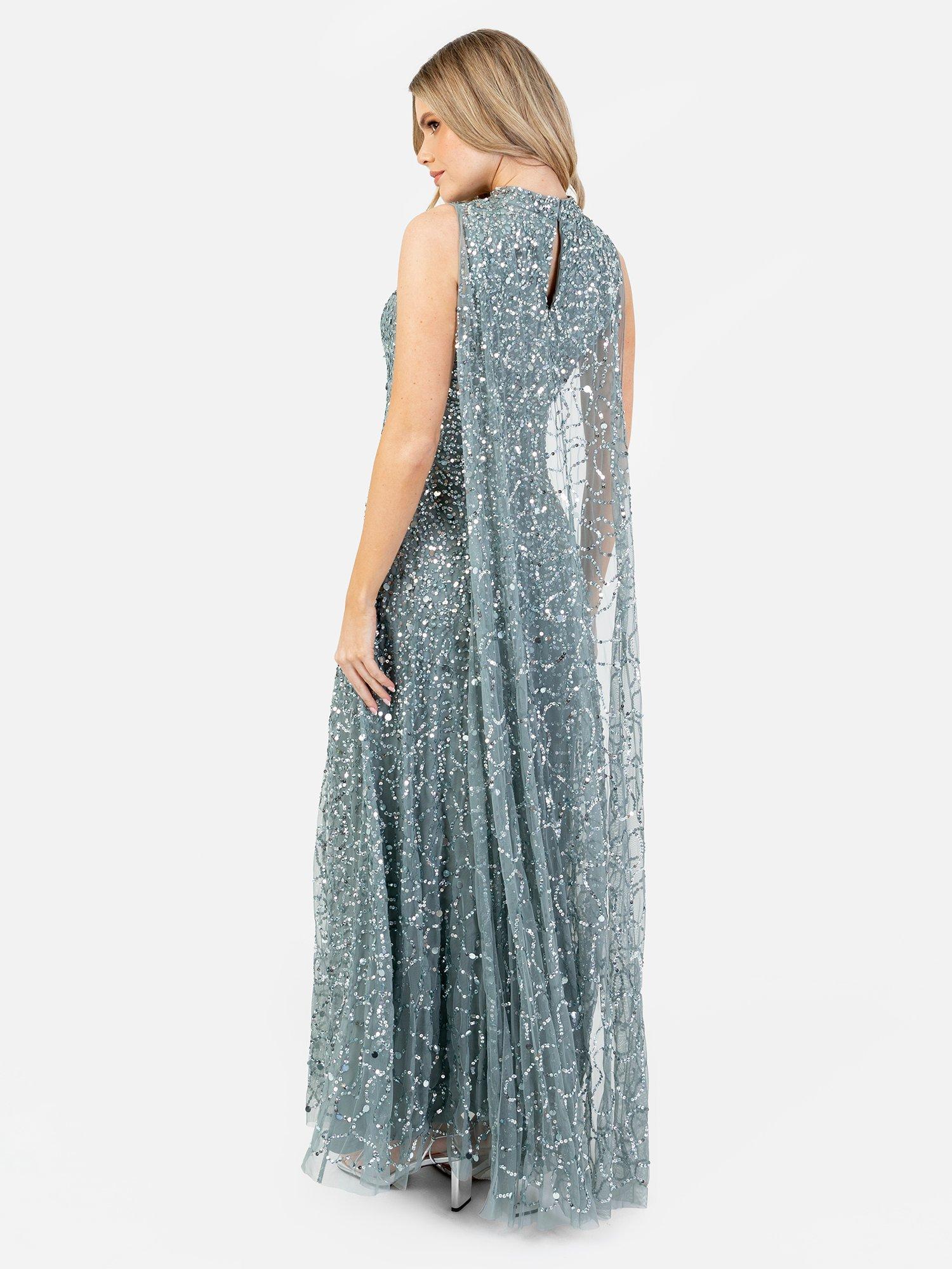 Product image 4 of 5, which shows Maya Deluxe Sequin High Neck Cape Maxi Dress, Misty Green/Silver, 6