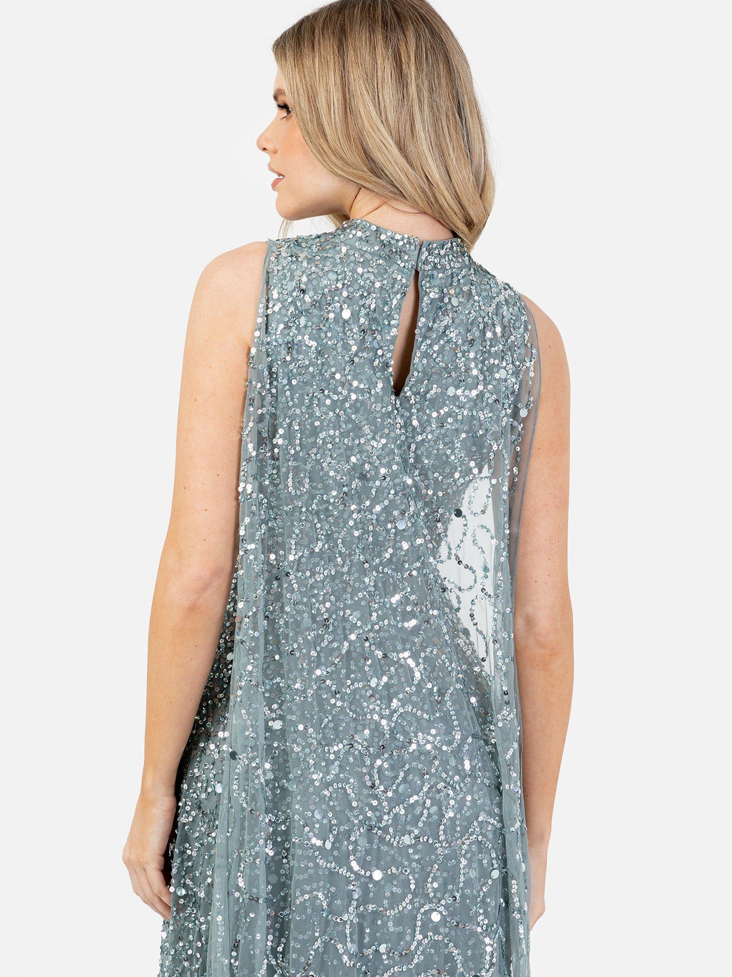 Product image 5 of 5, which shows Maya Deluxe Sequin High Neck Cape Maxi Dress, Misty Green/Silver, 6